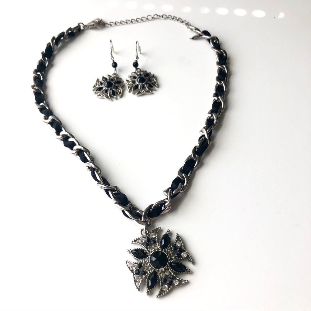 Silver & Black Cross Pendant Necklace & Earrings